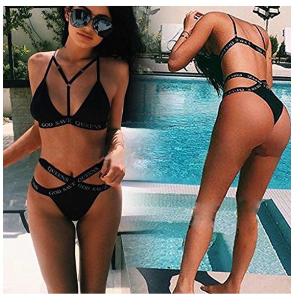 Black straps bathing suit. Runs small